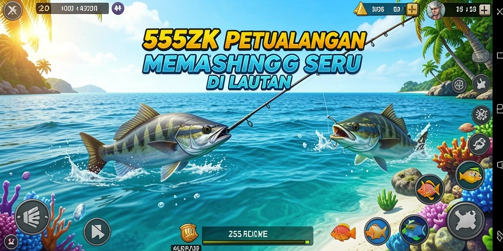Tampilan utama game 555ZK dengan aksi memancing yang seru.