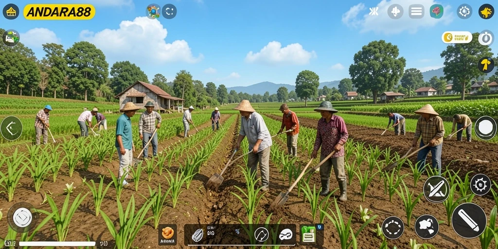 Screenshot utama ANDARA88 menampilkan petani yang sedang merawat ladang.
