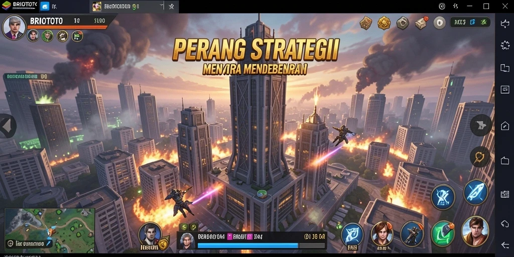 Tampilan gameplay BRIOTOTO dengan pertempuran menara yang strategis.