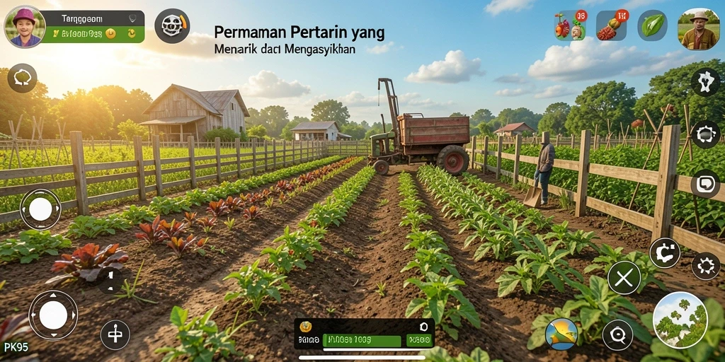 Screenshot gameplay PK95 menampilkan aktivitas pertanian yang seru.
