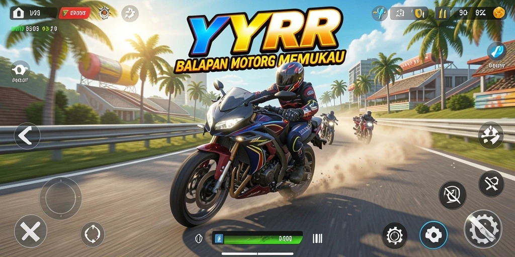 Screenshot gameplay YYRR yang menampilkan aksi balapan motor yang mendebarkan.